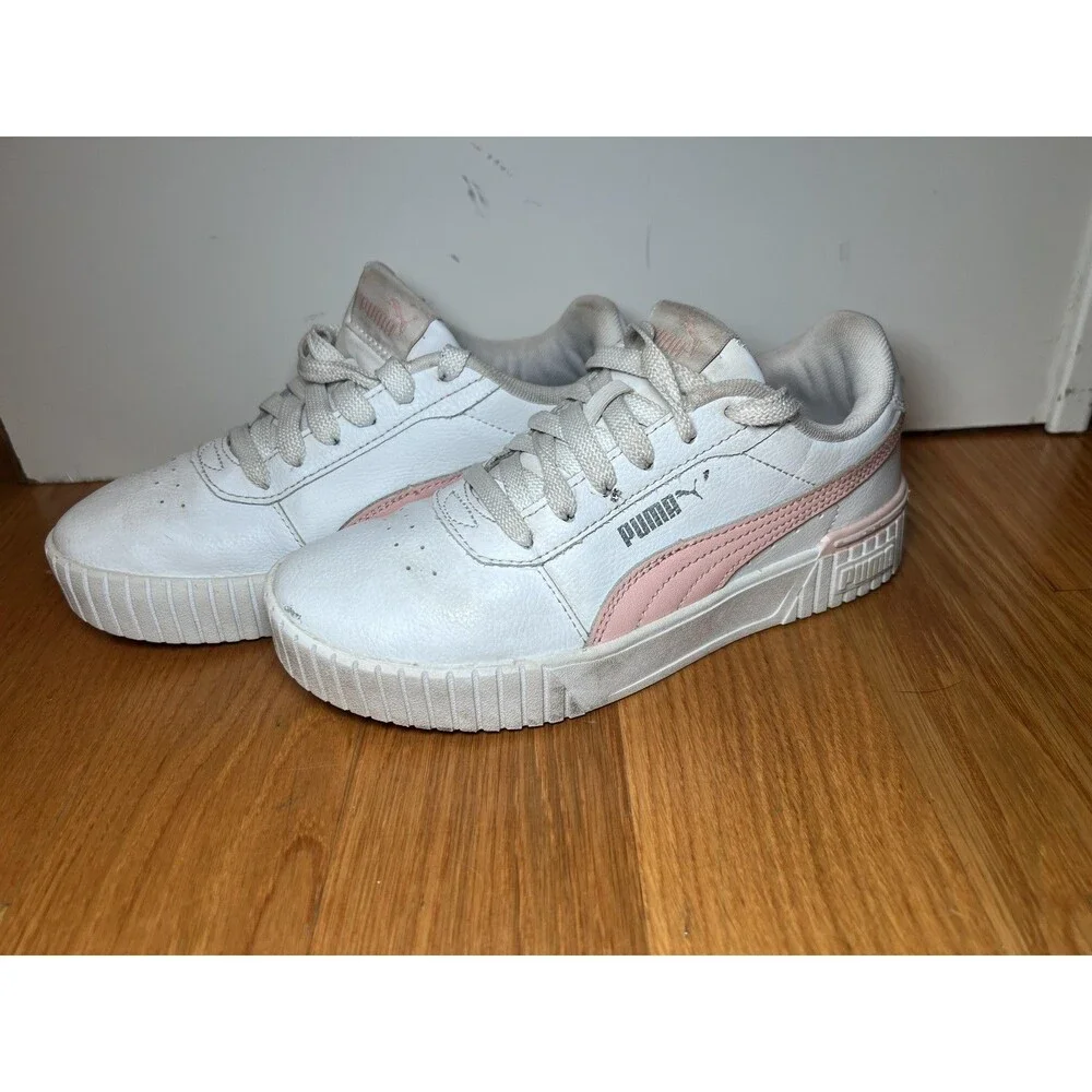 PUMA Carina Shoes Youth Size 4 White Pink Low Top Casual SoftFoam 386185-09
